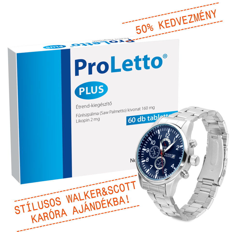 Natural Pharmaceuticals ProLetto® Plus étrend-kiegészítő csomagolása (60 tabletta) fehér háttér előtt. Előtérben egy elegáns WALKER & SCOTT karóra látható. A felső sarokban piros színnel az „50% kedvezmény” felirat olvasható, az alsó részen pedig: „Elegáns WALKER & SCOTT karóra ajándékba!”.