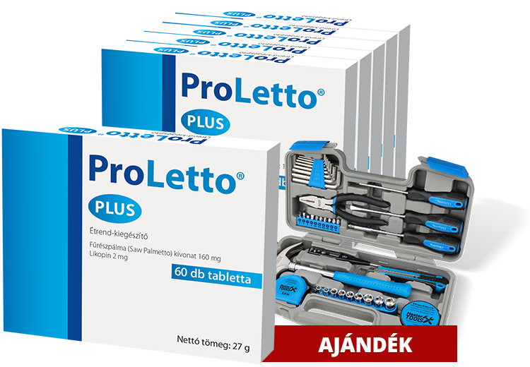 Natural Pharmaceuticals ProLetto® Plus ProLetto PLUS étrend-kiegészítő doboza 60 tablettával, fűrészpálma kivonattal, ajándék szerszámkészlettel.